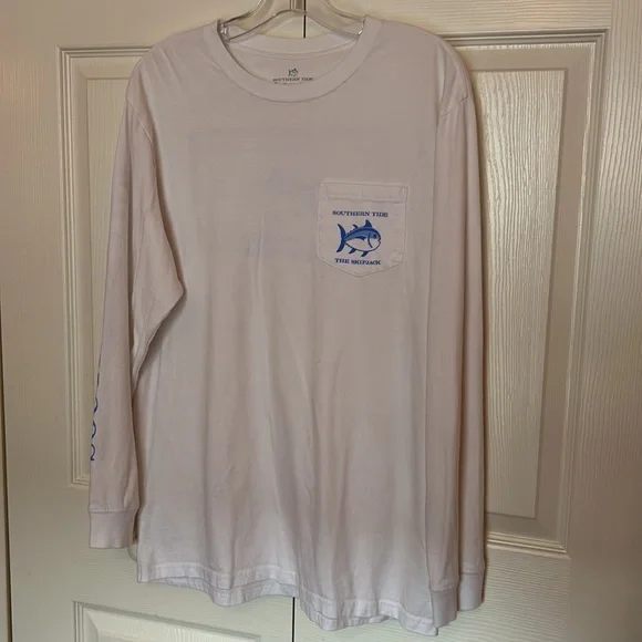 Southern Tide The Skipjack Long Sleeve Tee in Bright White/Carolina Blue, Size M - Picture 3 of 12